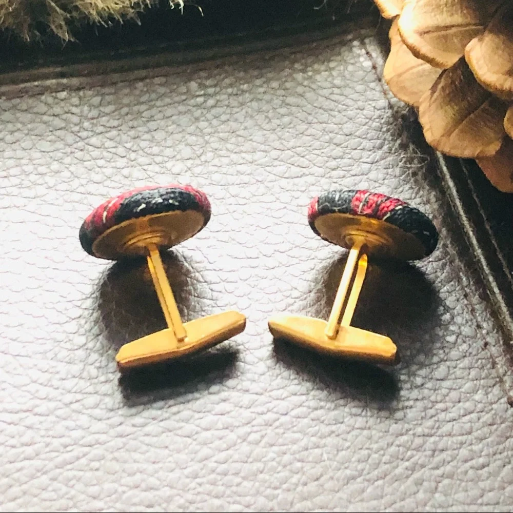 Vintage round red/black and silver fabric covered cuff links